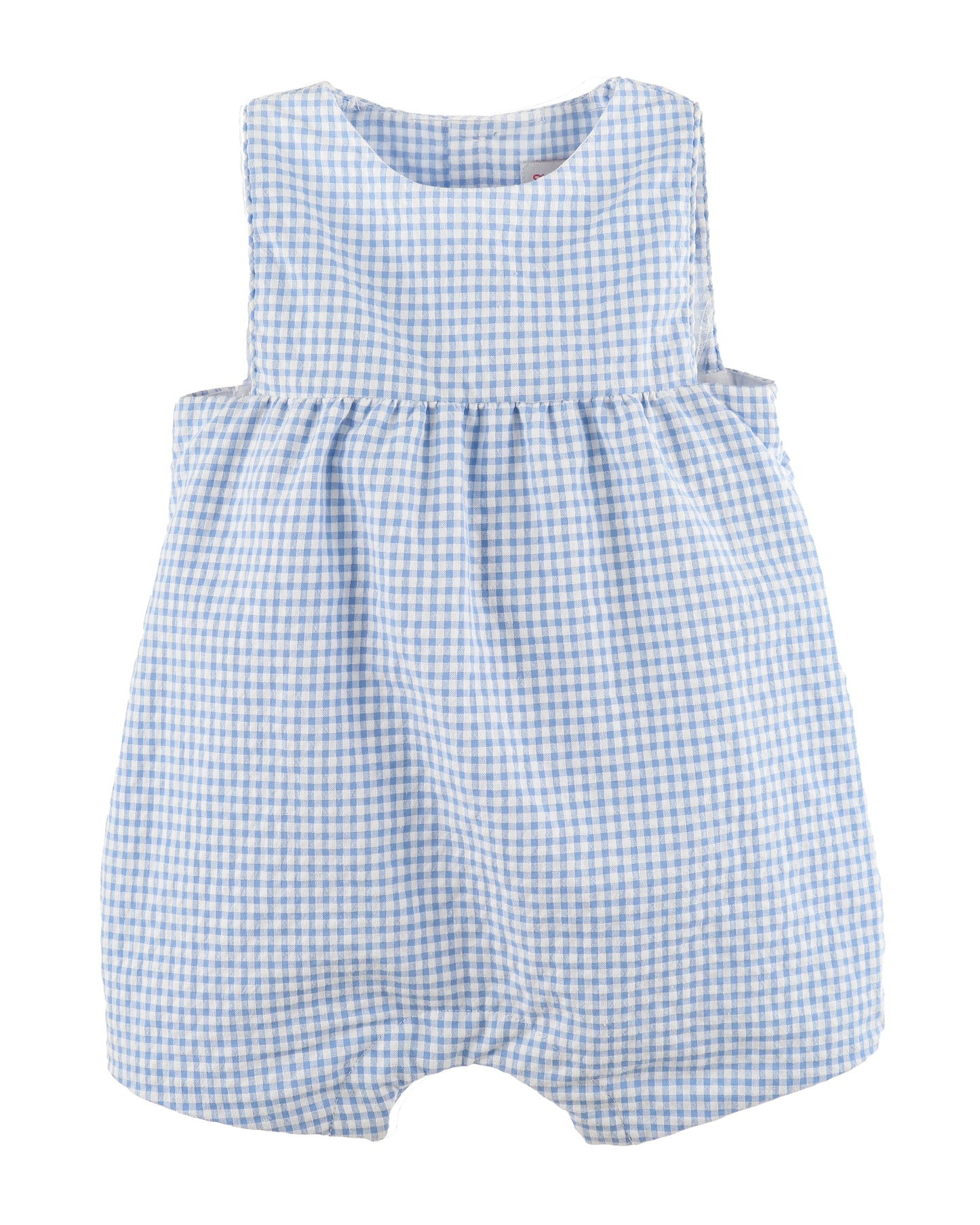 Blue and white checkered baby romper on a white background