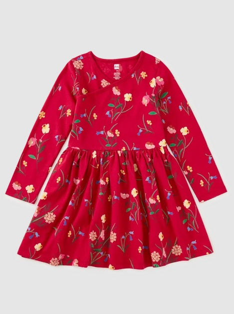 Long Sleeve Wrap Neck Dress-Hollyhock Garden