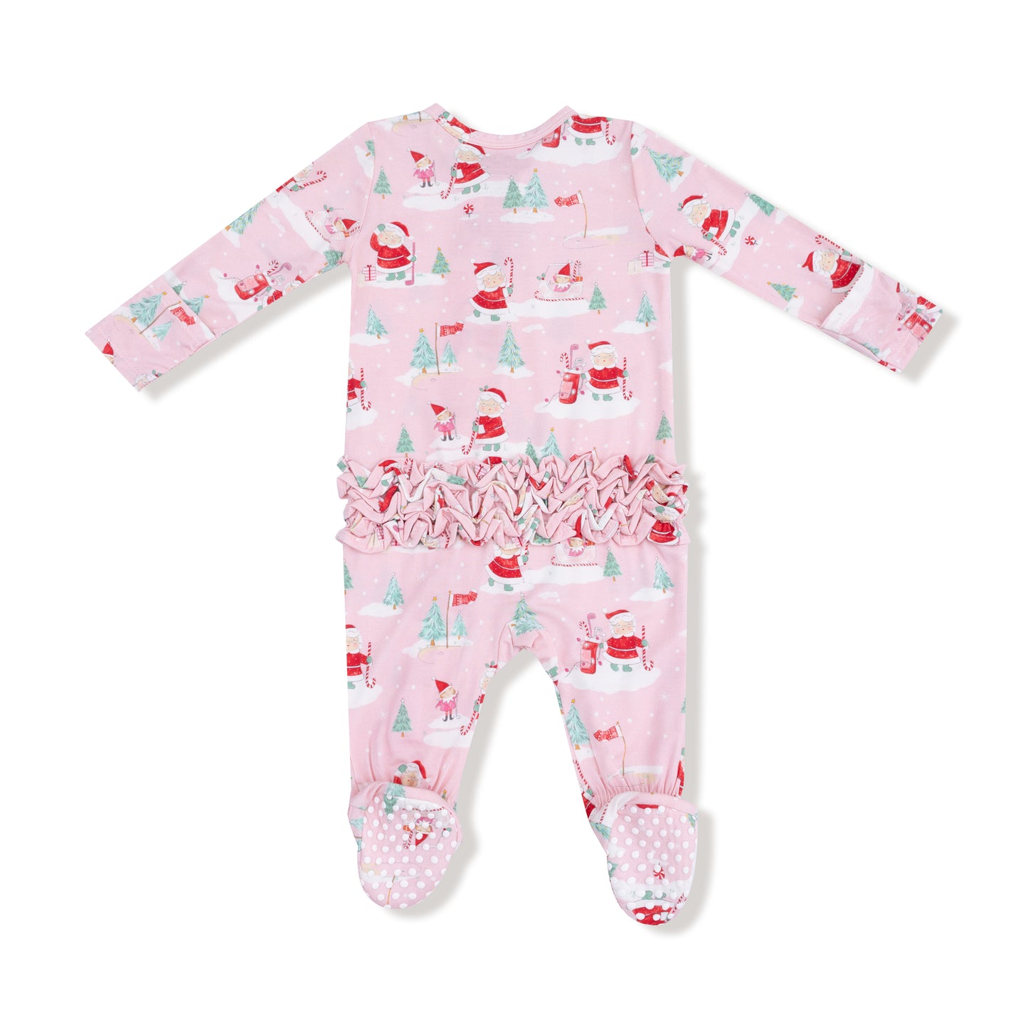Golfing Mrs.Clause and Elves 2 Way Zip Ruffle Back Footie