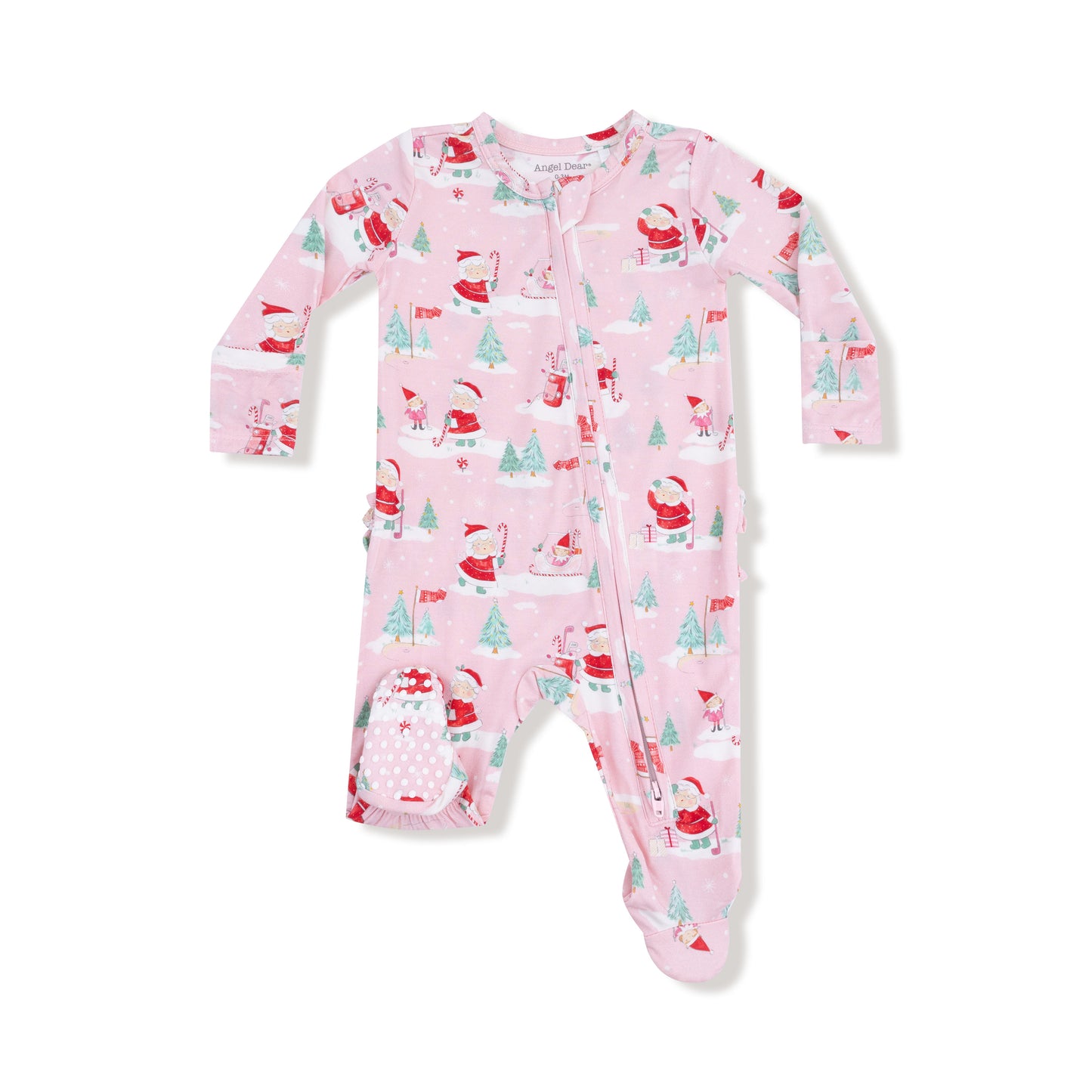 Golfing Mrs.Clause and Elves 2 Way Zip Ruffle Back Footie