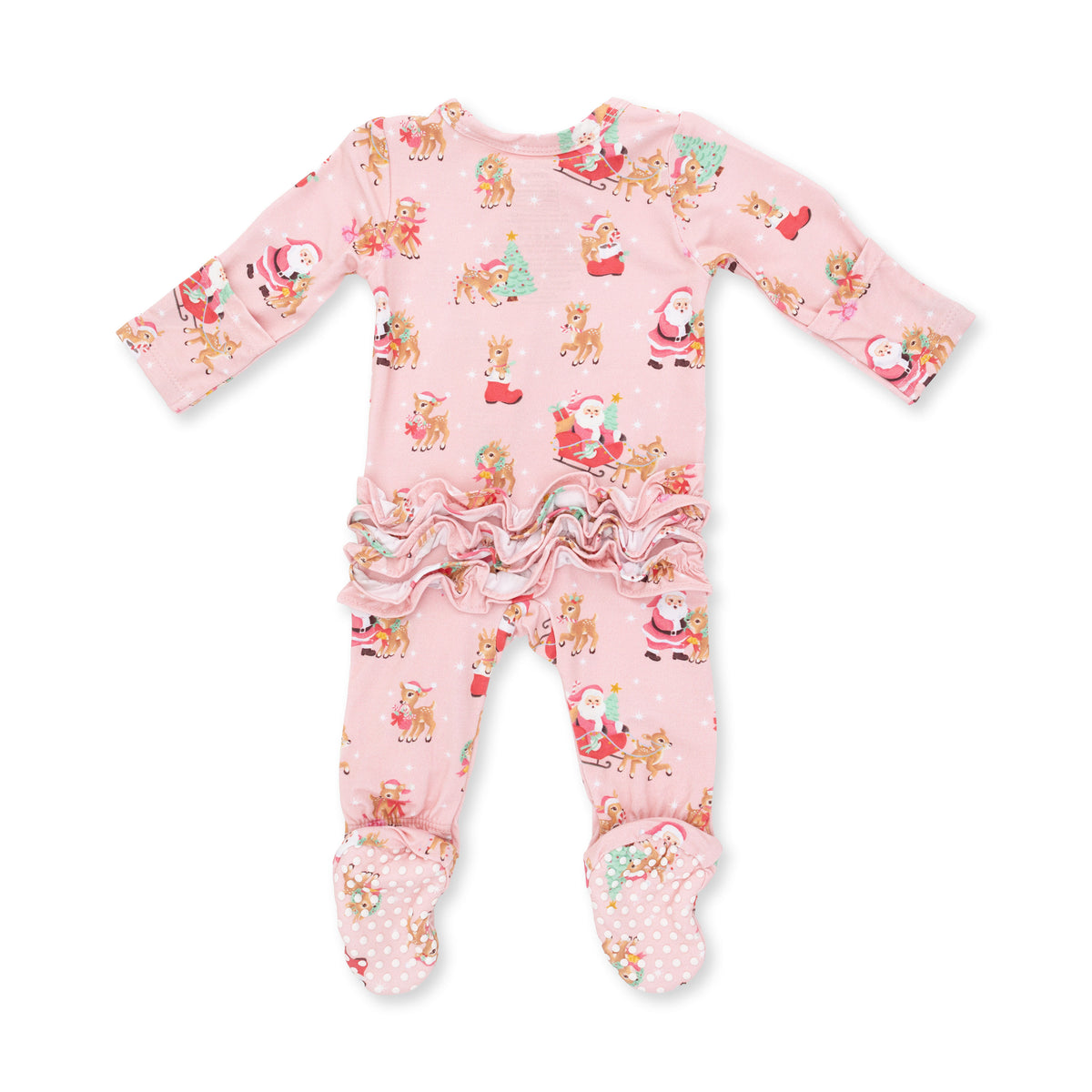 2 Way Ruffle Back Zipper Footie-Vintage Reindeer & Santa Pink