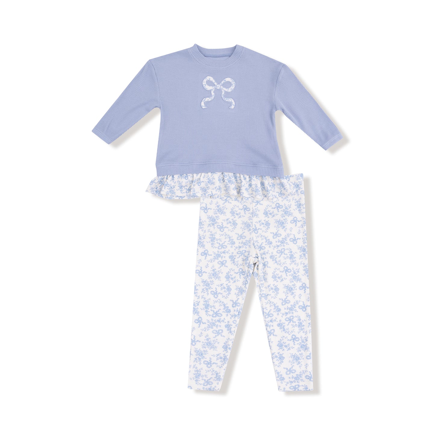 Romi Floral Waffle Pull Over w/ Ruffle & Rib Bow Applique w/ Rib Leggings
