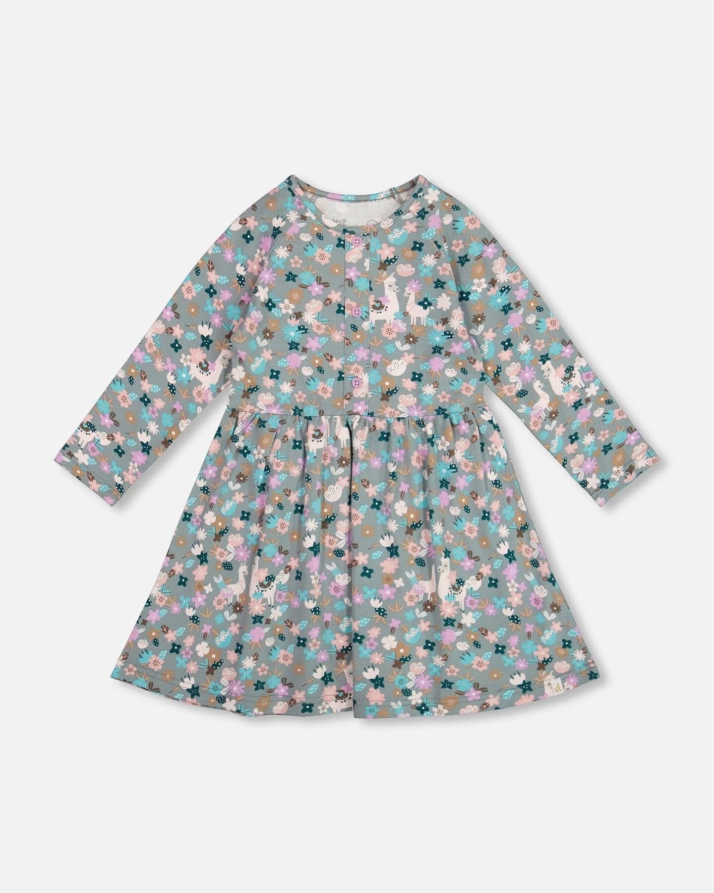 Half Button Organic Cotton Dress Blue Llama Print