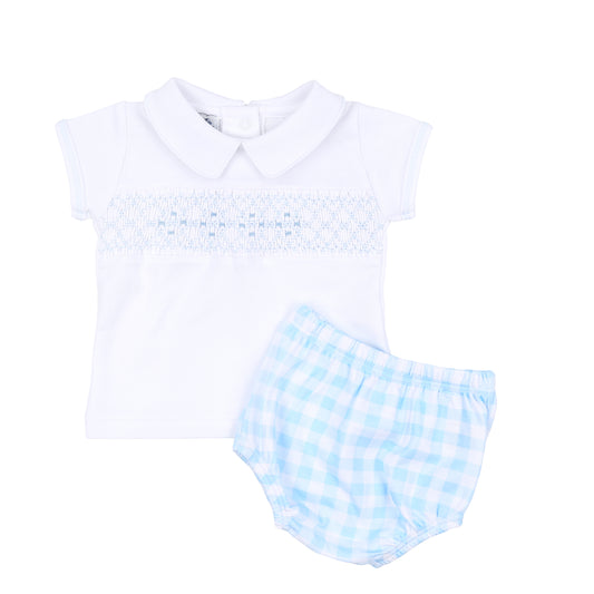 Baby Checks Blue Smocked Collared Diaper Cover Set