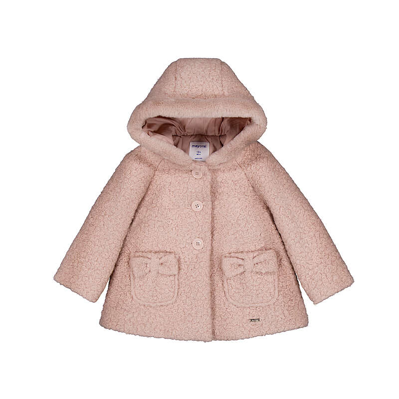 Hooded Boucle Coat with Bow Pockets
