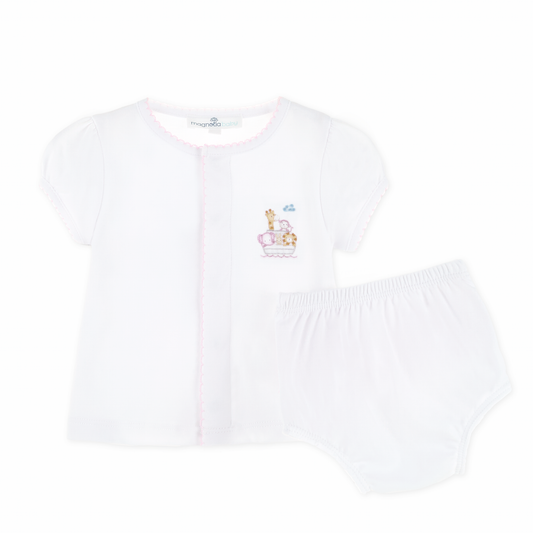 Noah's Ark Hand-Embroidered Ruffle Diaper Cover Set - Pink