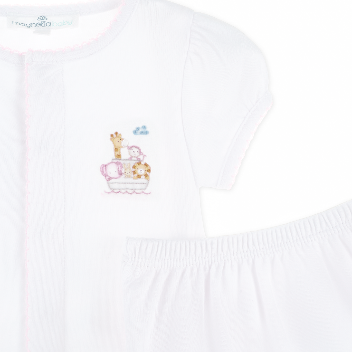 Noah's Ark Hand-Embroidered Ruffle Diaper Cover Set - Pink