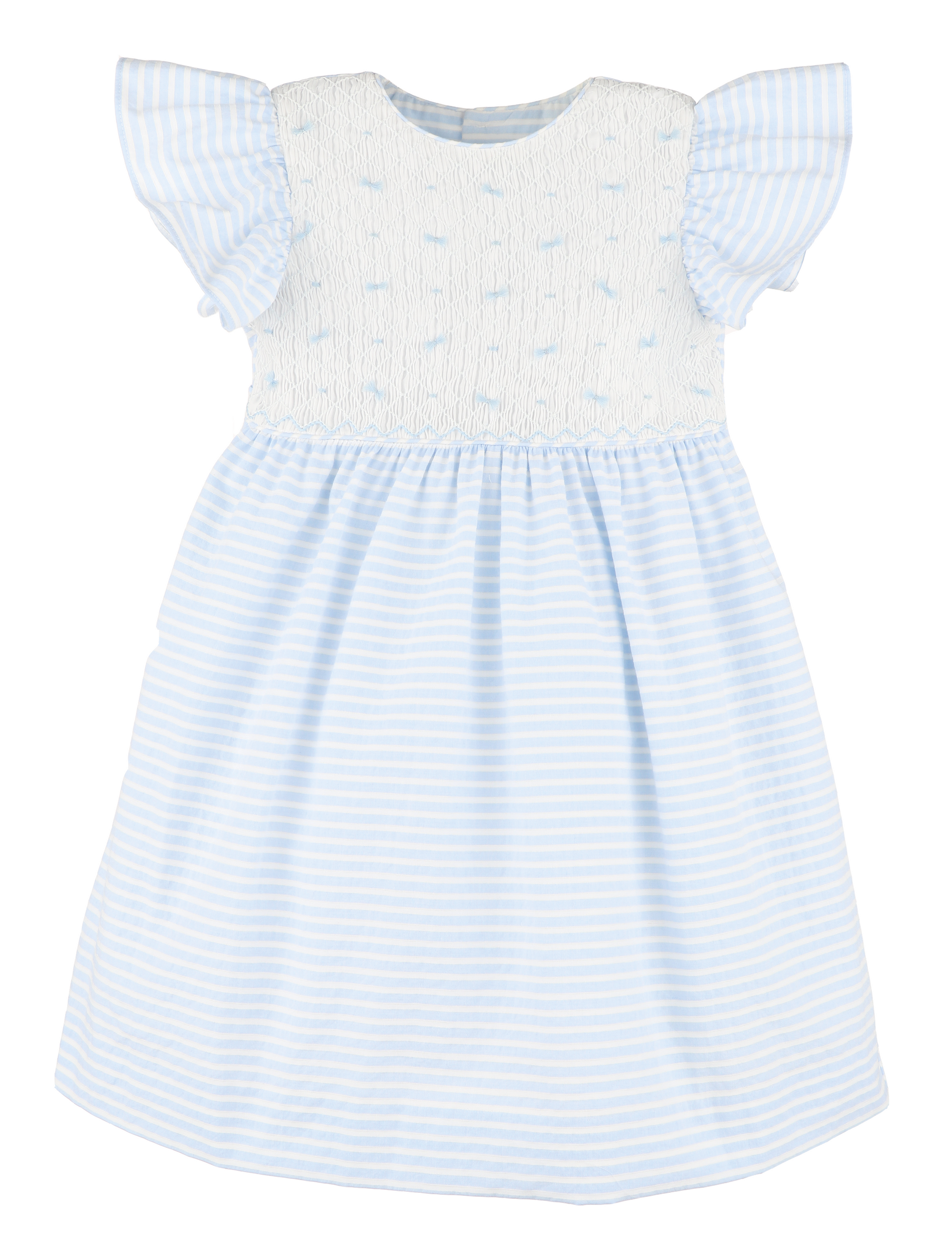 Baby dress with white top and blue striped skirt on a white background