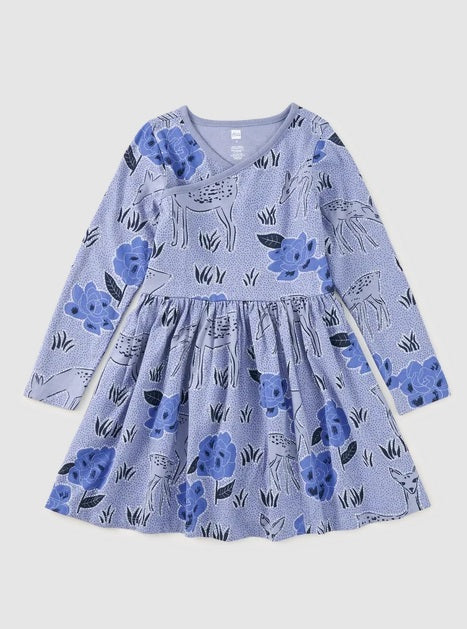 Long Sleeve Wrap Neck Dress-Bluebell Forrest
