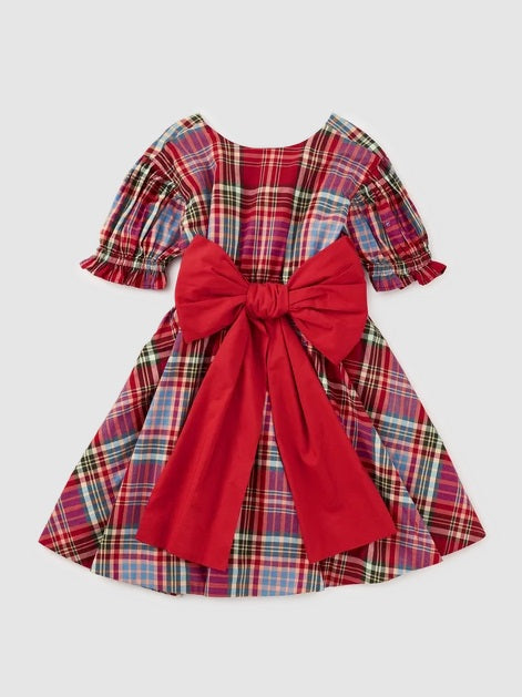 Puff Sleeve Sash Dress-Holiday Market Plaid