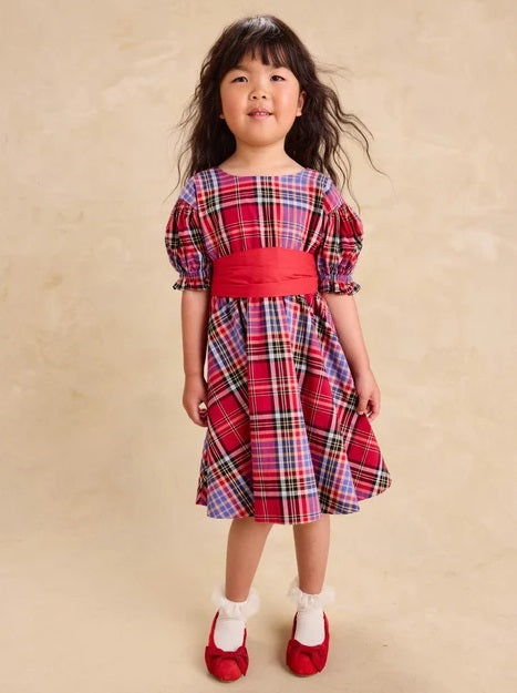 Puff Sleeve Sash Dress-Holiday Market Plaid