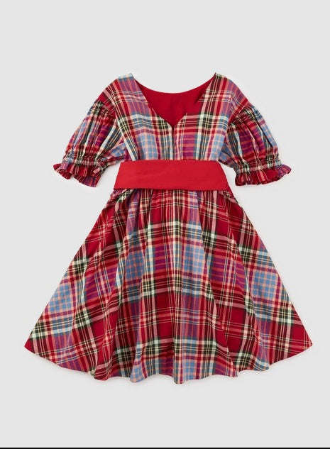 Puff Sleeve Sash Dress-Holiday Market Plaid