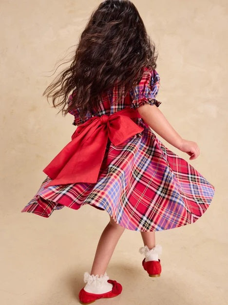 Puff Sleeve Sash Dress-Holiday Market Plaid