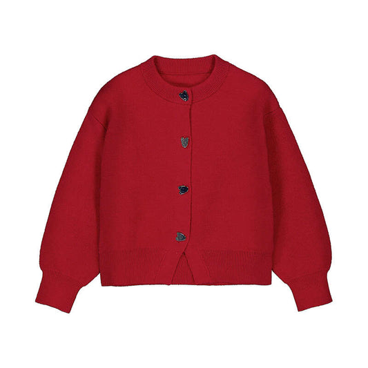Red Cardi with Silver Heart Buttons