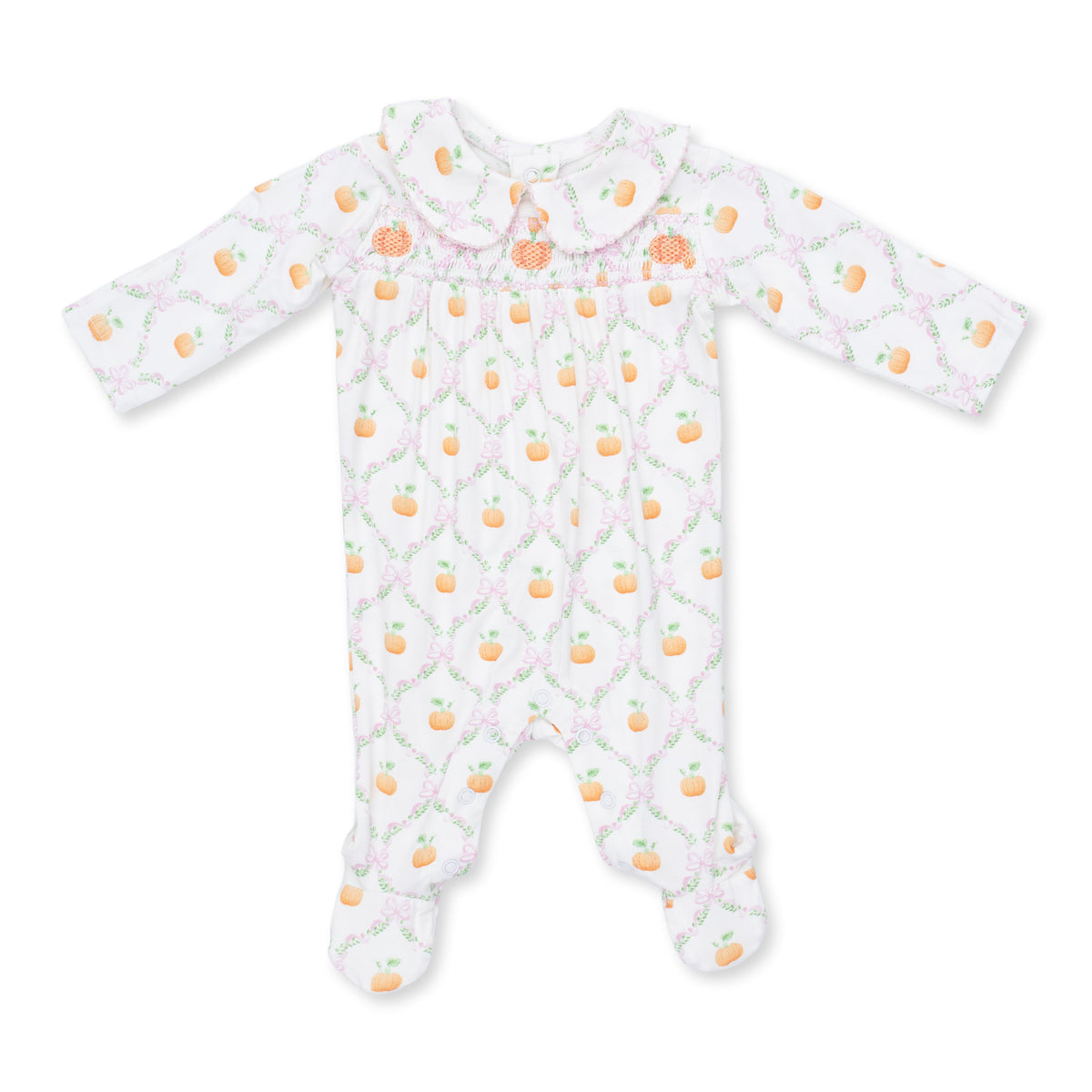 Smocked Peter Pan Snap Footie-Pretty Pumpkin Trellis