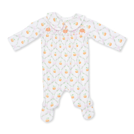 Smocked Peter Pan Snap Footie-Pretty Pumpkin Trellis