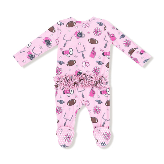 Game Day Pink 2 Way Zipper Ruffle Back Footie