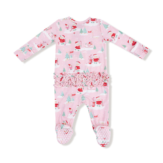 Golfing Mrs.Clause and Elves 2 Way Zip Ruffle Back Footie