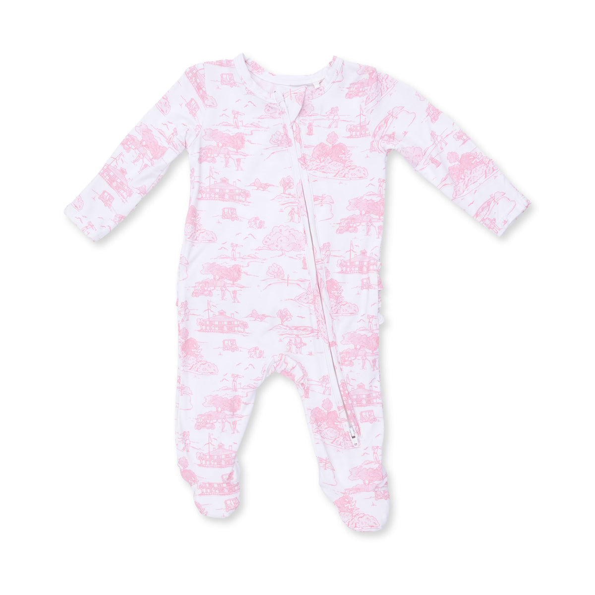 2 Way Ruffle Back Zipper Footie-Golf Toile Pink