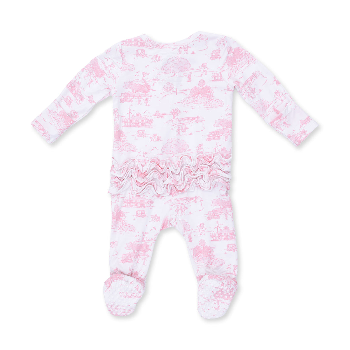 2 Way Ruffle Back Zipper Footie-Golf Toile Pink