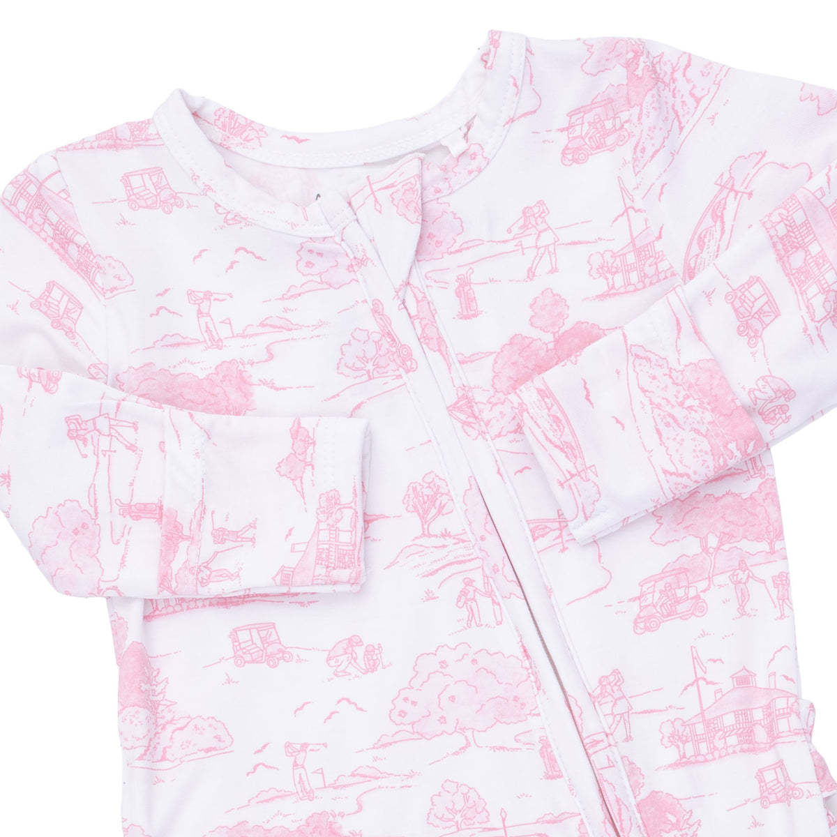 2 Way Ruffle Back Zipper Footie-Golf Toile Pink