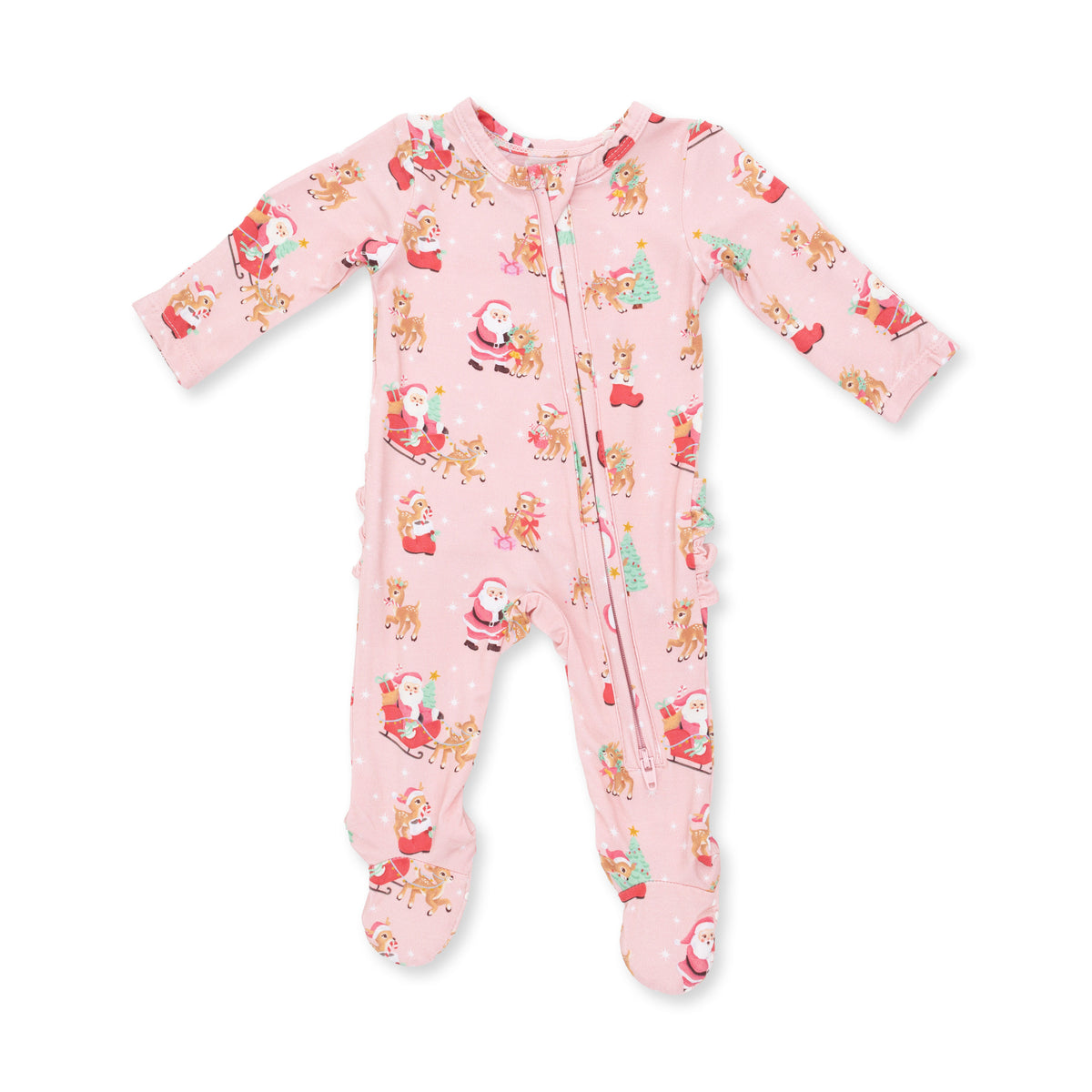 2 Way Ruffle Back Zipper Footie-Vintage Reindeer & Santa Pink