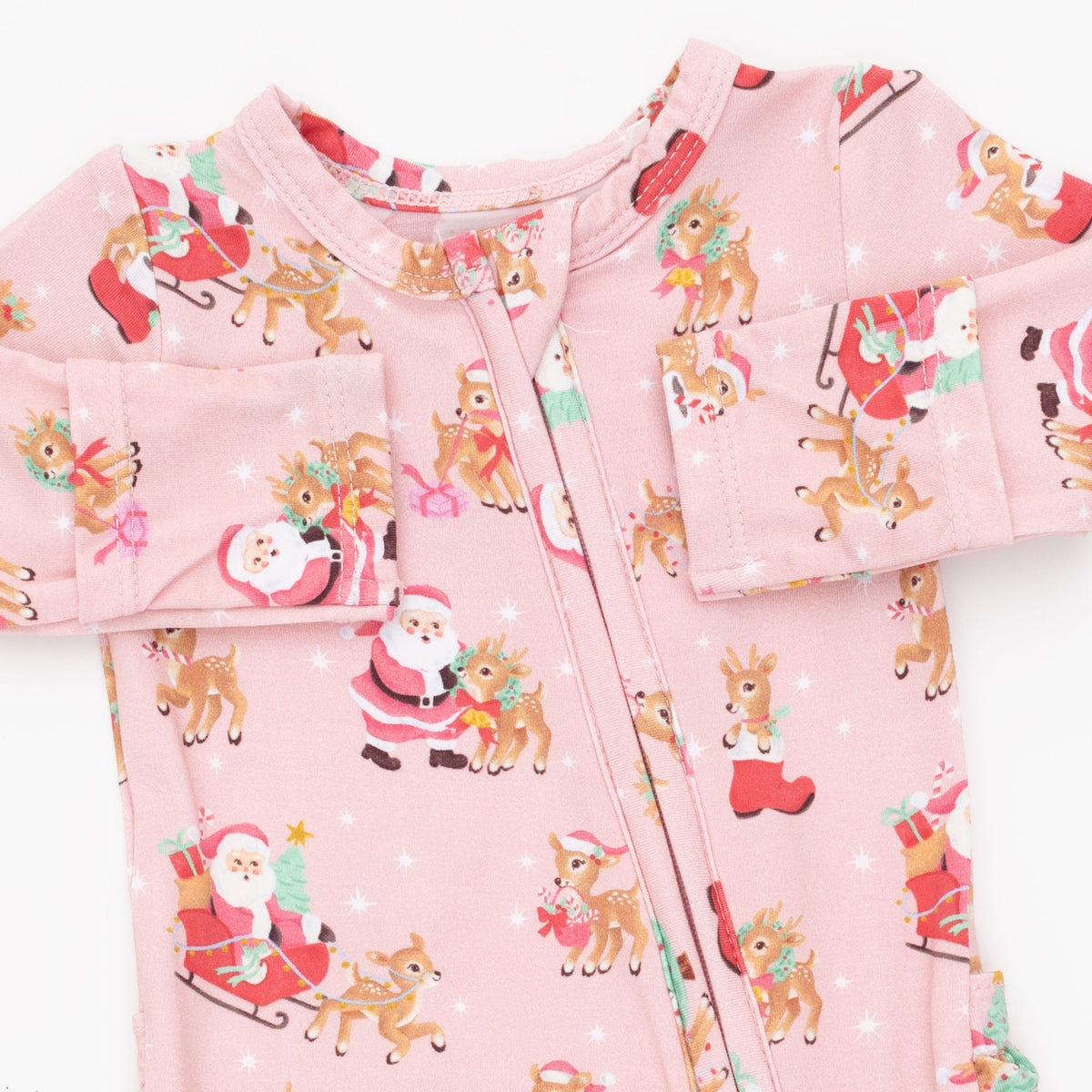 2 Way Ruffle Back Zipper Footie-Vintage Reindeer & Santa Pink
