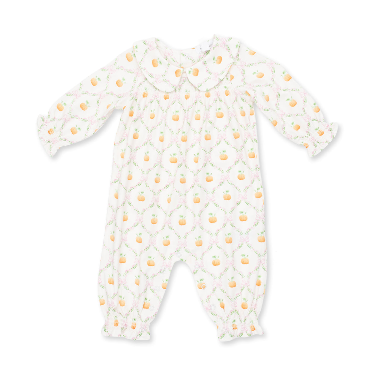 Smocked Long Sleeve Romper-Pretty Pumpkin Trellis