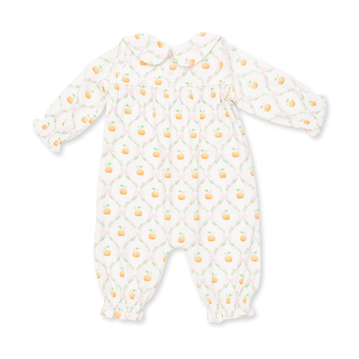 Smocked Long Sleeve Romper-Pretty Pumpkin Trellis