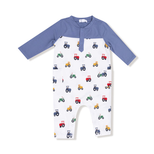 Mini Tractors Romper with Contrast Sleeves