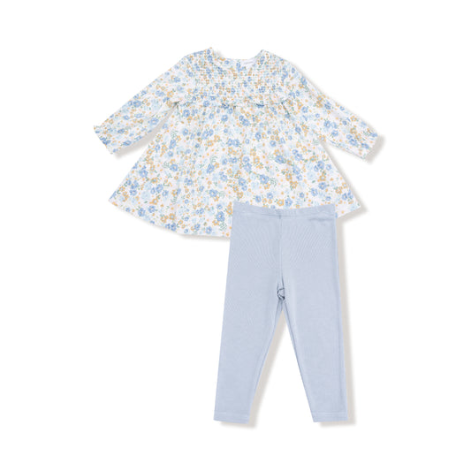 Sweet Rose Calico Smocked Ruffle Long Sleeve Dress + Legging