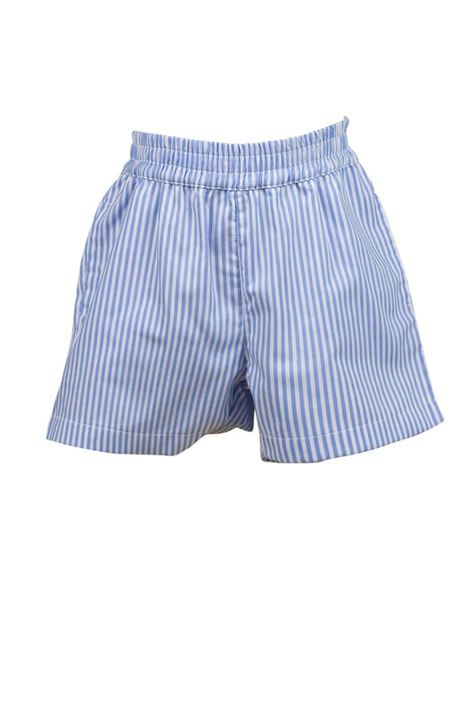 Blue and white striped boxer shorts on a white background